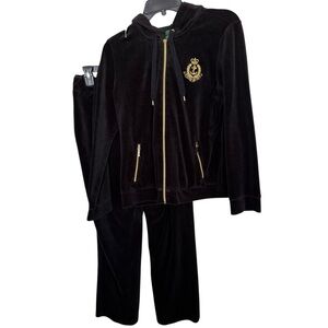 Lauren Ralph Lauren Black Velour Zip Hoodie & Pant Set with Gold Crest Vintage